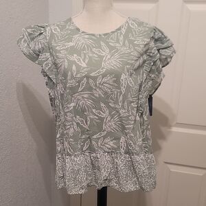 Angels Sage Green Leaf Print Ruffle Sleeve Blouse